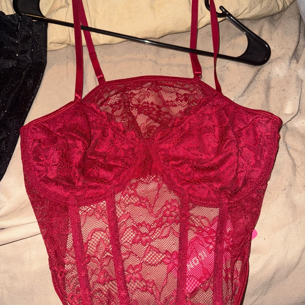 SHEIN Red Lace Underwire Bodysuit